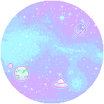 Circular GIF depecting a pastel galaxy. There are three plants and a spaceship.