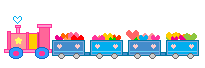 A pixel animation of a train with hearts in its cargo boxes.